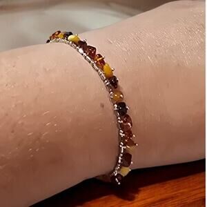 Amber Brown Beaded Bracelet 925 Sterling Silver 7” Multi Tone Natural Stone